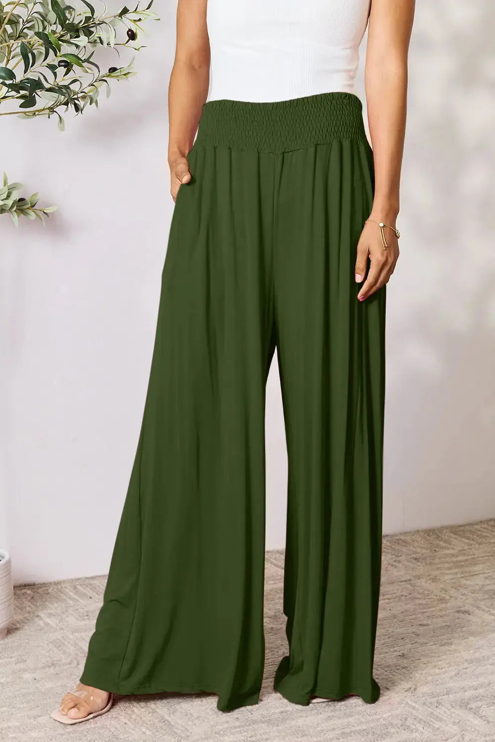Basic Bae Full Size Smocked Wide Waistband Wide Leg Pants - Love Salve